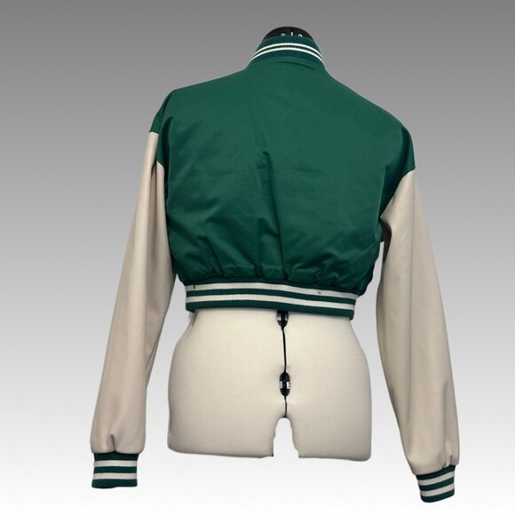 FOREVER 21 Jacket Cropped Varsity Letterman Baseball Bomber Sports Green Ivory S - Picture 7 of 15